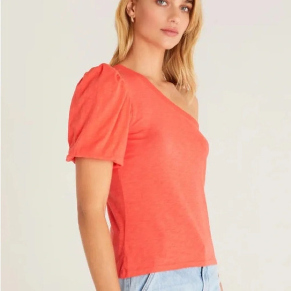 Z Supply One Shoulder Top in Orange Small Puff Sleeve Slub Cotton Soft Easter - Picture 5 of 12